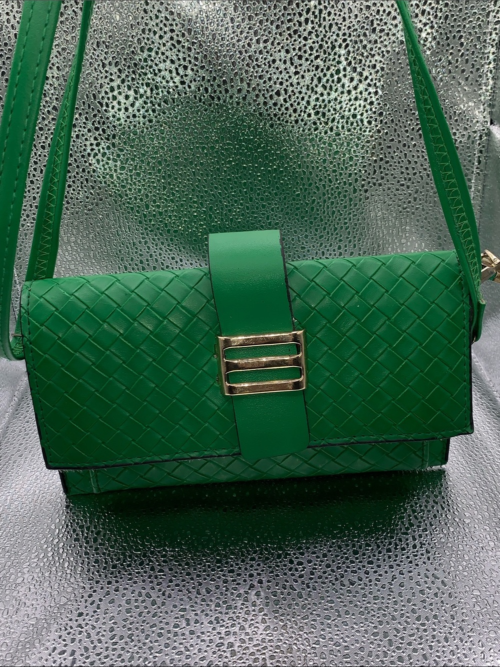 Woven Emerald Green Crossbody Bag with Gold Accent